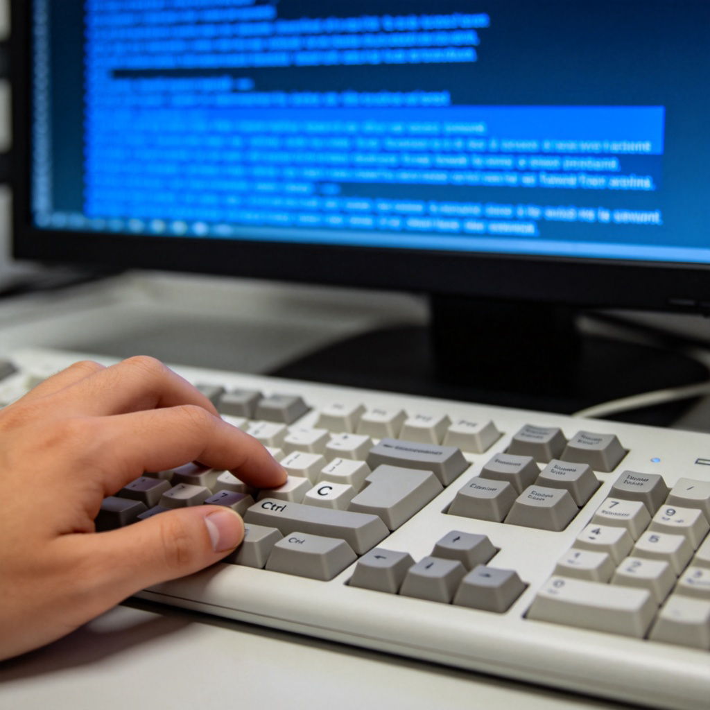 A close-up shot of a person's hand pressing the ‘Ctrl’ and ‘C’ keys on a computer keyboard. On the monitor screen in the background, a block of text is highlighted in blue, indicating it has been selected for copying. The atmosphere is focused and modern.